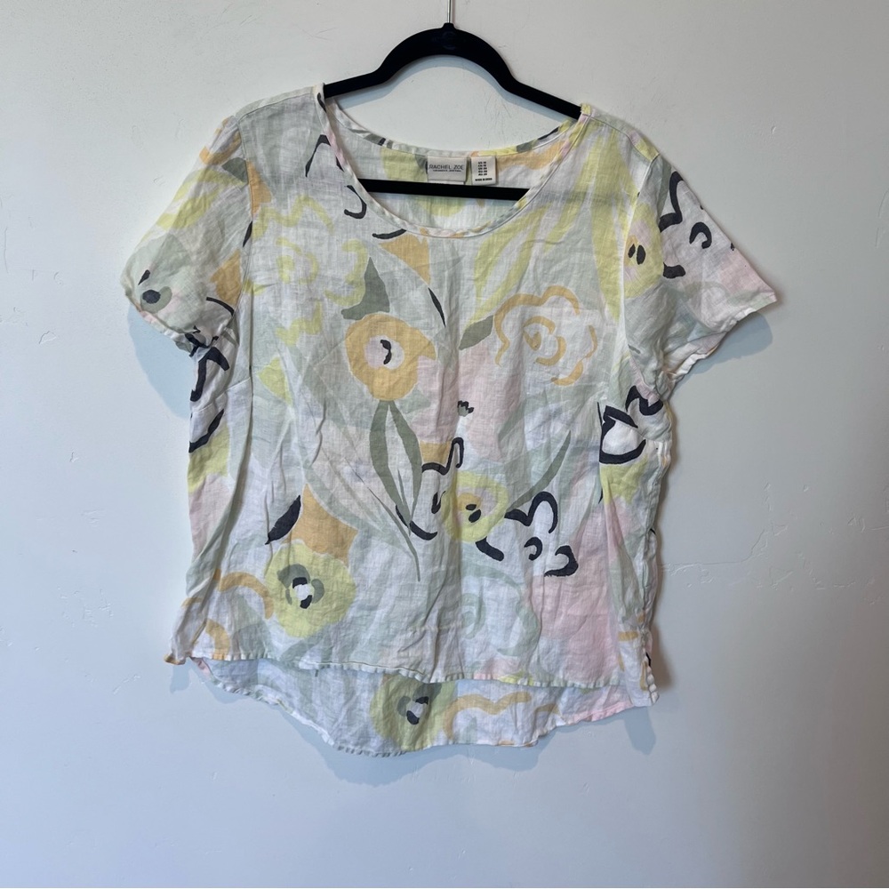 Rachel Zoe Women’s Floral Boxy Short Sleeve 100% Linen Blouse Plus Size 1X Beach